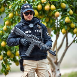 A soldier wearing a black cap with "DFA" written in white letters, sunglasses, and a communicator