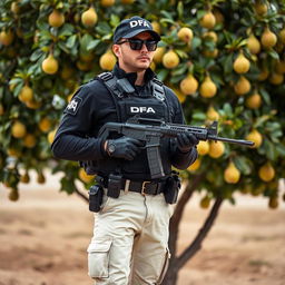 A soldier wearing a black cap with "DFA" written in white letters, sunglasses, and a communicator