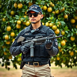 A soldier wearing a black cap with "DFA" written in white letters, sunglasses, and a communicator