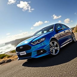 Ford Falcon XR6, highlighted in a vivid blue color, parked against a scenic backdrop of winding coastal roads and cliffs