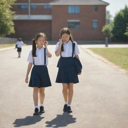 Two schoolgirls walking on a sunny pathway towards their school, visibly feeling the heat, wiping their forehead, perhaps with a school building in the background.