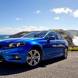 Ford Falcon XR6, highlighted in a vivid blue color, parked against a scenic backdrop of winding coastal roads and cliffs