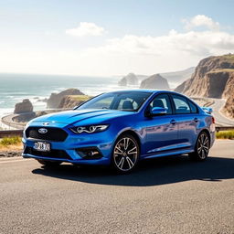 Ford Falcon XR6, highlighted in a vivid blue color, parked against a scenic backdrop of winding coastal roads and cliffs