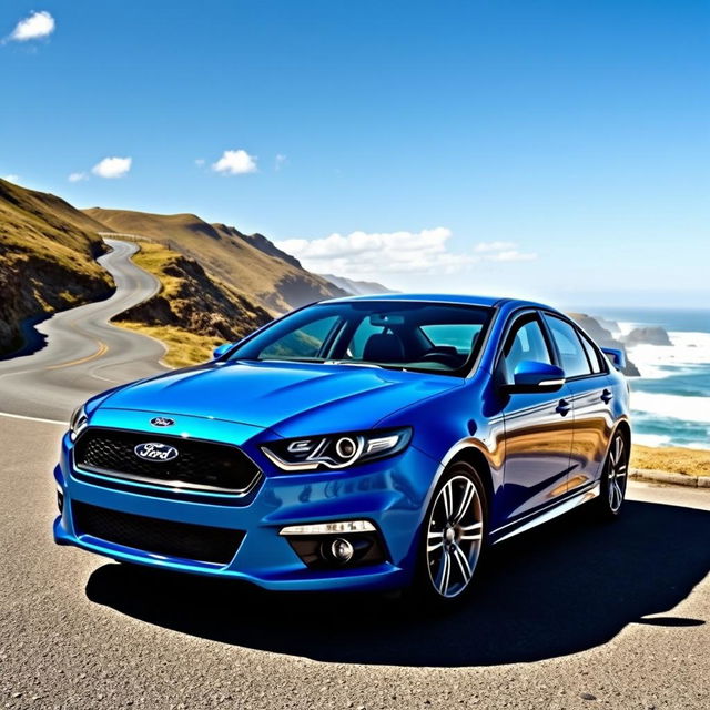 Ford Falcon XR6, highlighted in a vivid blue color, parked against a scenic backdrop of winding coastal roads and cliffs