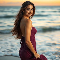 A beautiful woman in a sexy dress, confidently posing on a picturesque beach