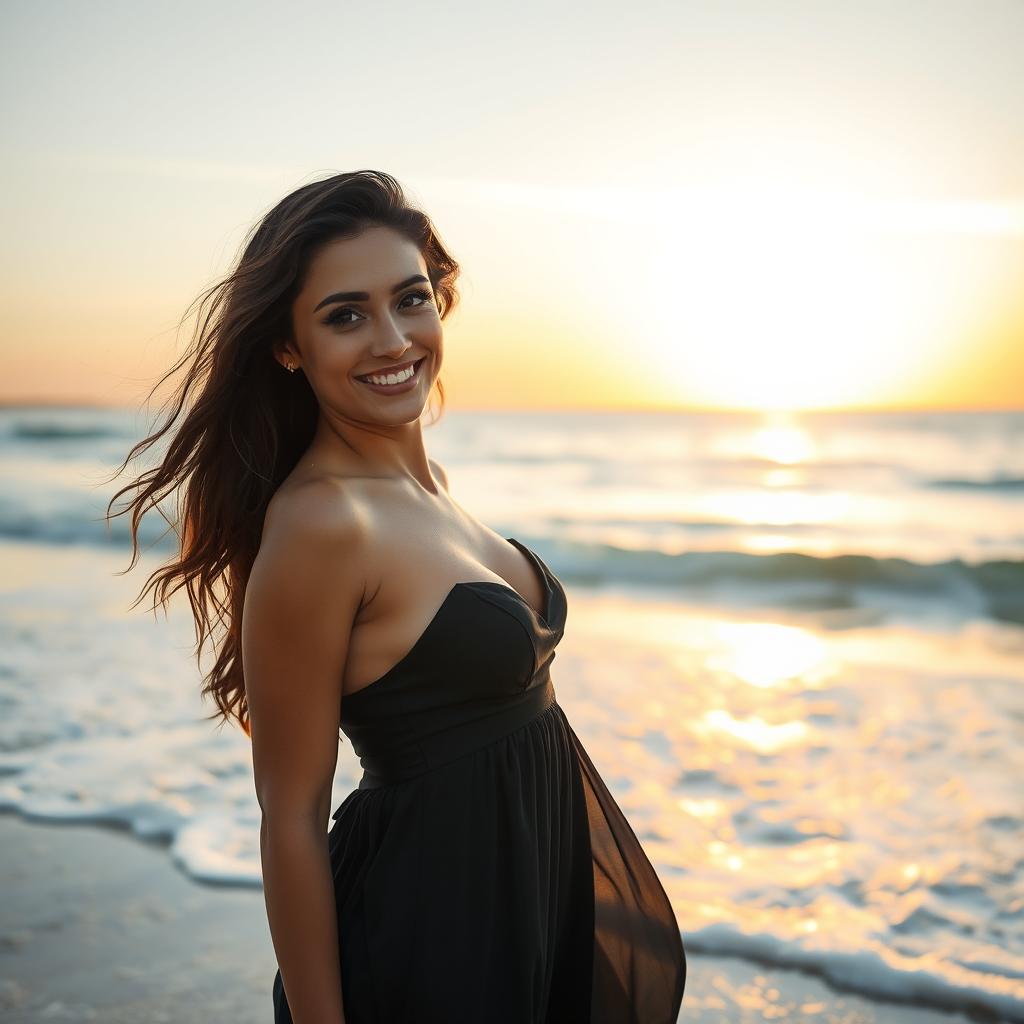 A beautiful woman in a sexy dress, confidently posing on a picturesque beach