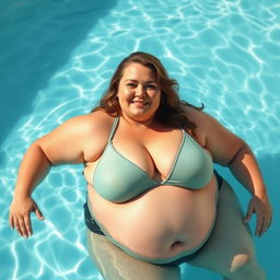 A woman with the same face but a chubby, curvy body lounging in a pool