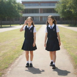 Two schoolgirls walking on a sunny pathway towards their school, visibly feeling the heat, wiping their forehead, perhaps with a school building in the background.