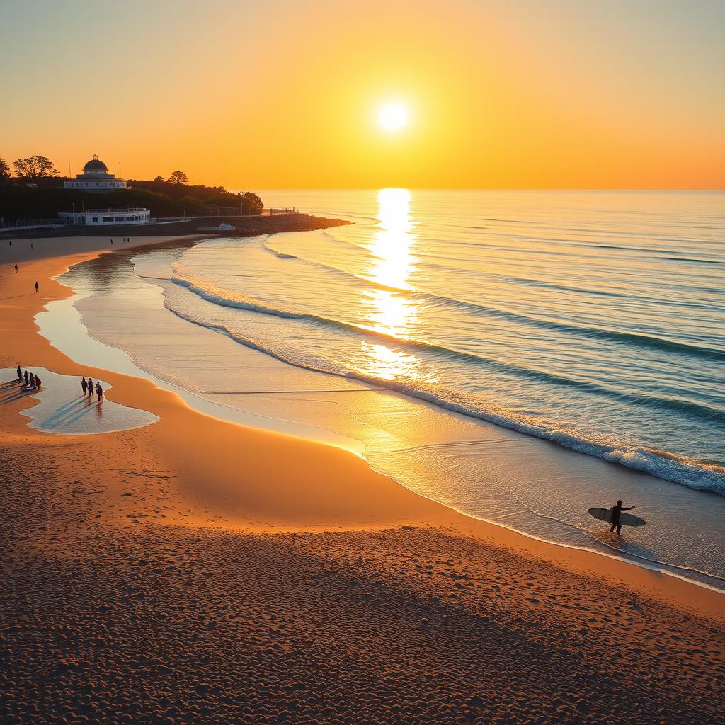 artistic depiction of Coogee Beach at sunrise, showing the bright golden sun reflecting on the calm ocean, capturing the soft waves crashing onto the sandy shore with a backdrop of the iconic Coogee Pavilion and lush greenery around the beach, people casually walking on the sand, surfers riding gentle waves, and a group doing yoga on the beach, creating a vibrant and serene scene full of life