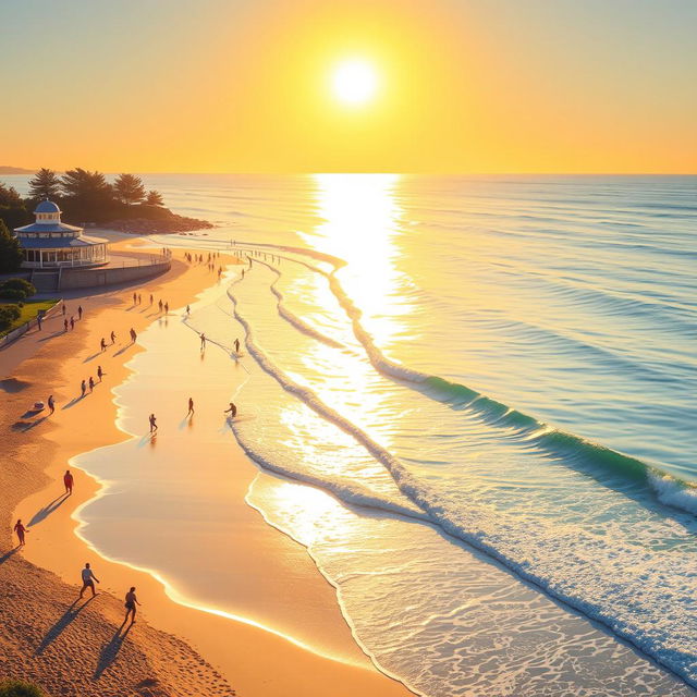 artistic depiction of Coogee Beach at sunrise, showing the bright golden sun reflecting on the calm ocean, capturing the soft waves crashing onto the sandy shore with a backdrop of the iconic Coogee Pavilion and lush greenery around the beach, people casually walking on the sand, surfers riding gentle waves, and a group doing yoga on the beach, creating a vibrant and serene scene full of life