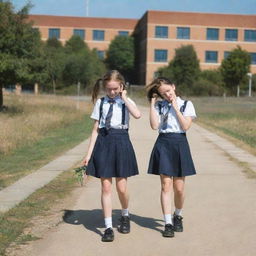 Two schoolgirls walking on a sunny pathway towards their school, visibly feeling the heat, wiping their forehead, perhaps with a school building in the background.