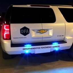 A Chevrolet Suburban featuring a "DFA" symbol on the door with "Departamentos Fenómeno Aereos" written below it