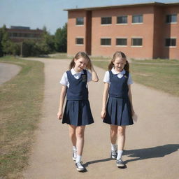 Two schoolgirls walking on a sunny pathway towards their school, visibly feeling the heat, wiping their forehead, perhaps with a school building in the background.