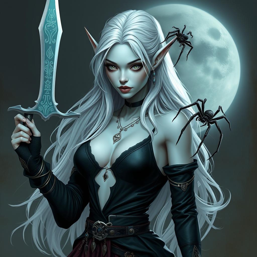 A female changeling from Dungeons and Dragons, characterized by her gray porcelain skin, completely white eyes, and flowing white hair