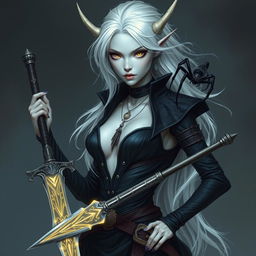 A female changeling from Dungeons and Dragons, characterized by her gray porcelain skin, completely white eyes, and flowing white hair