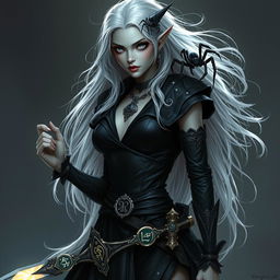 A female changeling from Dungeons and Dragons, characterized by her gray porcelain skin, completely white eyes, and flowing white hair