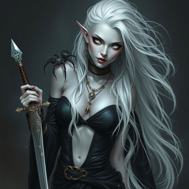 A female changeling from Dungeons and Dragons, characterized by her gray porcelain skin, completely white eyes, and flowing white hair