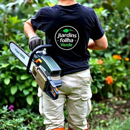 A gardener carrying a chainsaw, wearing a T-shirt with a symbol saying "Jardins Folha Verde