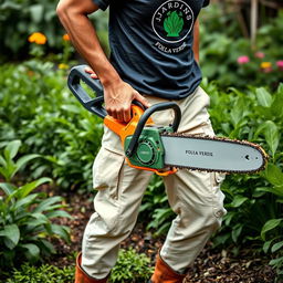 A gardener carrying a chainsaw, wearing a T-shirt with a symbol saying "Jardins Folha Verde