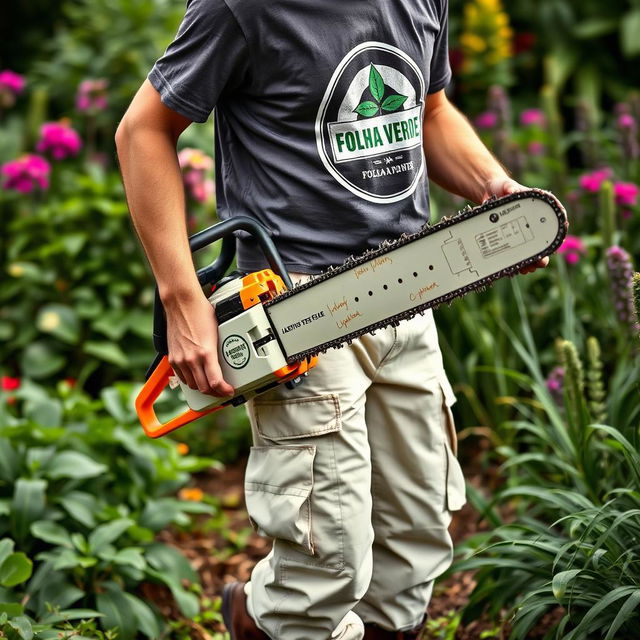 A gardener carrying a chainsaw, wearing a T-shirt with a symbol saying "Jardins Folha Verde