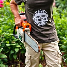 A gardener carrying a chainsaw, wearing a T-shirt with a symbol saying "Jardins Folha Verde