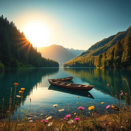 A tranquil, serene landscape depicting a crystal-clear lake surrounded by lush, verdant forests