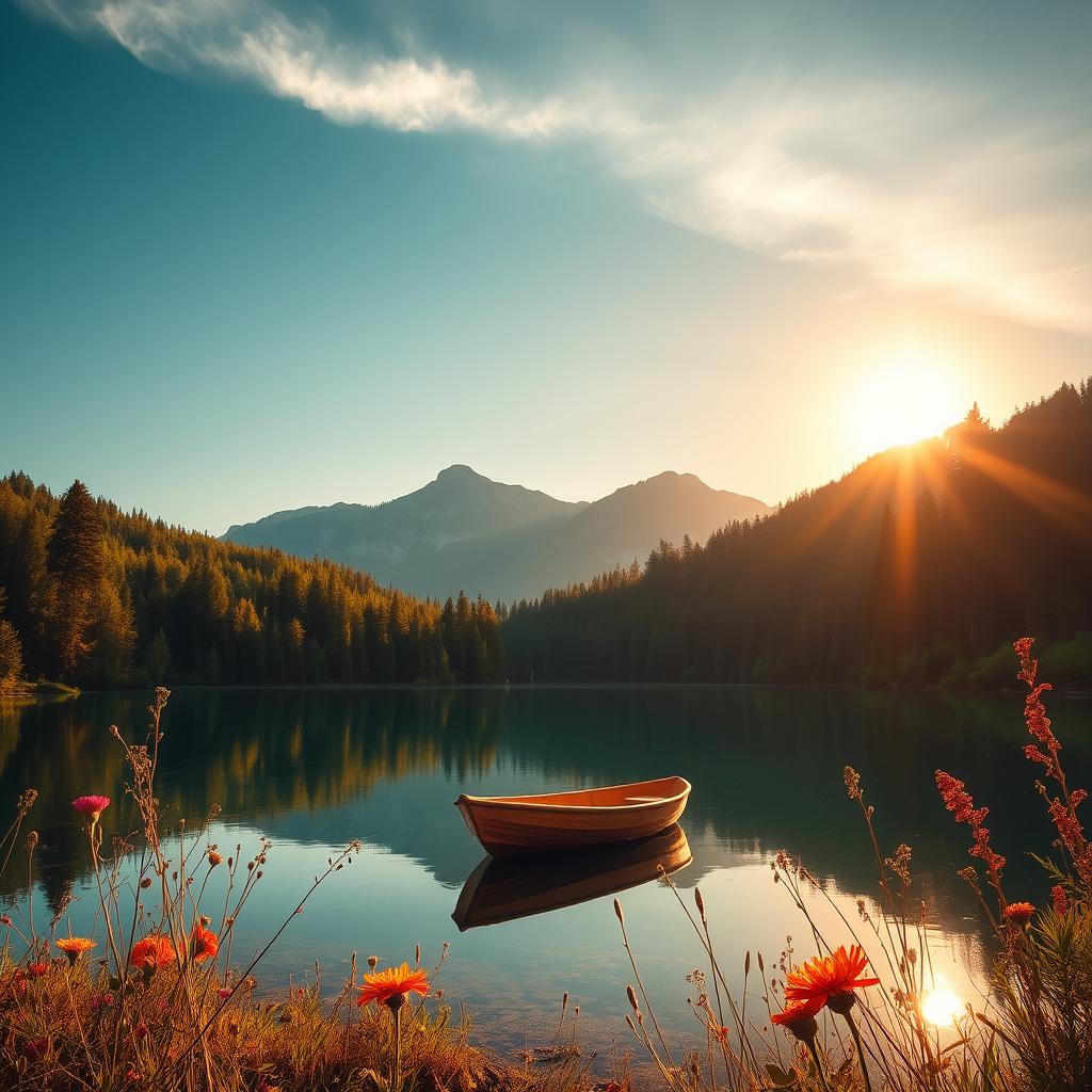 A tranquil, serene landscape depicting a crystal-clear lake surrounded by lush, verdant forests