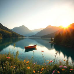 A tranquil, serene landscape depicting a crystal-clear lake surrounded by lush, verdant forests