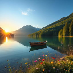 A tranquil, serene landscape depicting a crystal-clear lake surrounded by lush, verdant forests