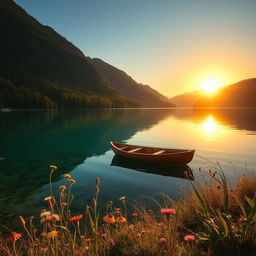 A tranquil, serene landscape featuring a crystal-clear lake surrounded by lush, verdant forests