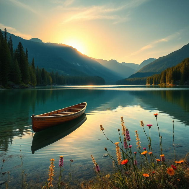 A tranquil, serene landscape featuring a crystal-clear lake surrounded by lush, verdant forests