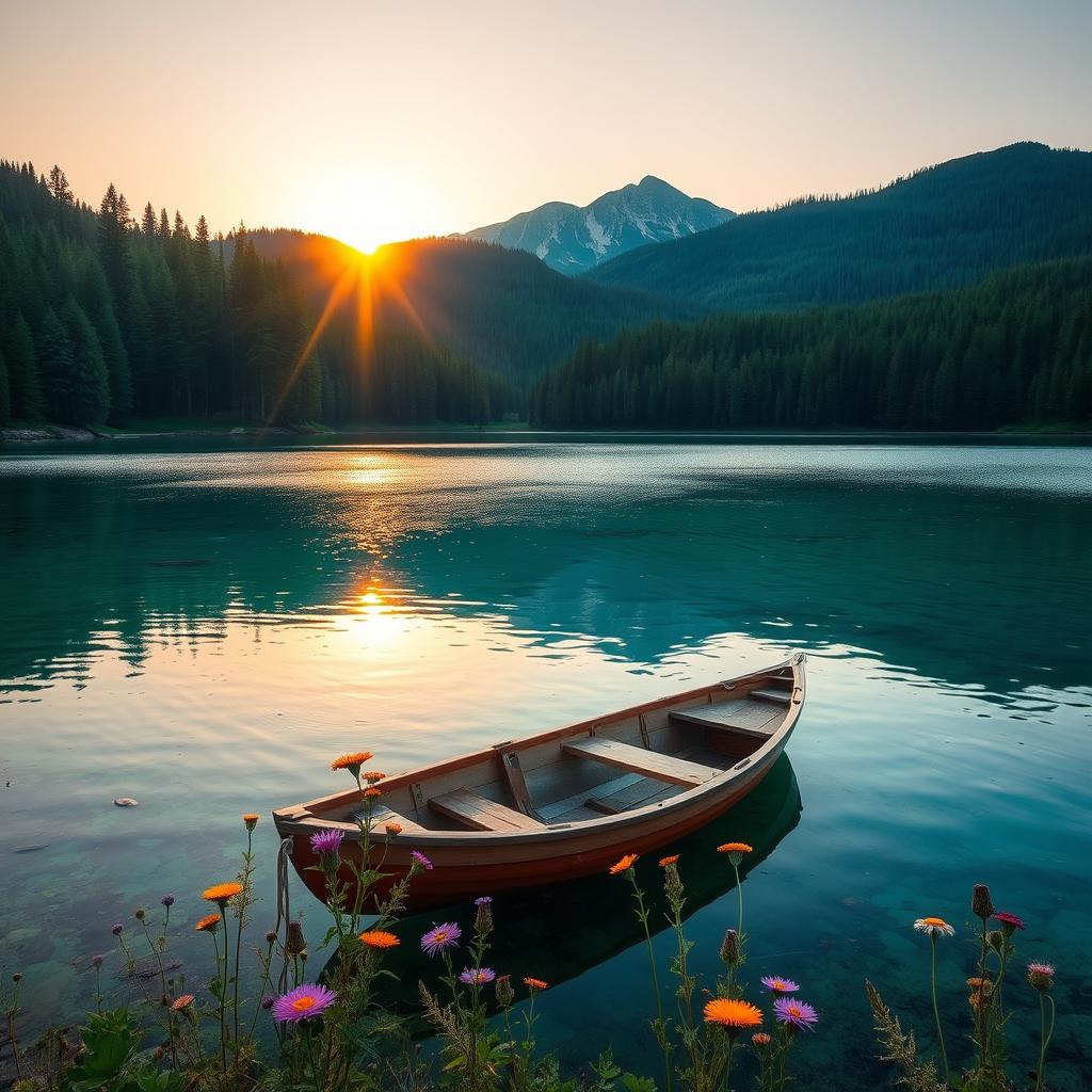 A tranquil, serene landscape featuring a crystal-clear lake surrounded by lush, verdant forests