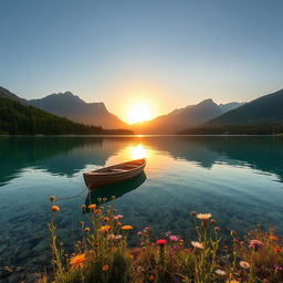 A tranquil, serene landscape featuring a crystal-clear lake surrounded by lush, verdant forests