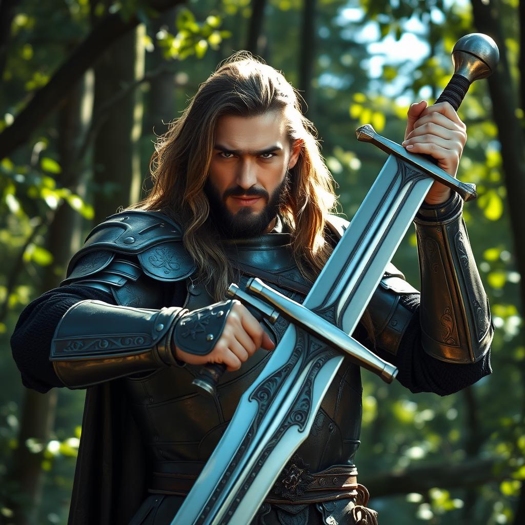 A strong and stoic man wielding a sword, standing confidently in a dramatic pose