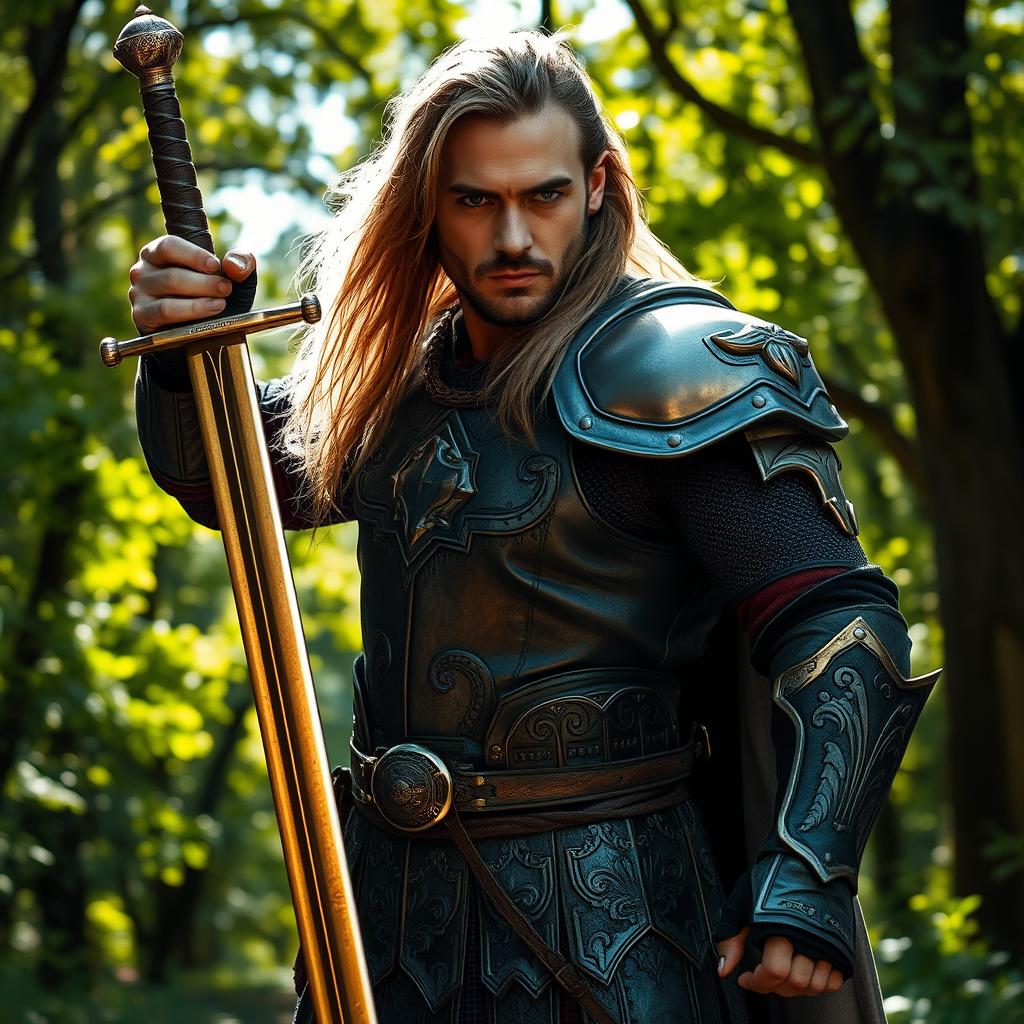 A strong and stoic man wielding a sword, standing confidently in a dramatic pose