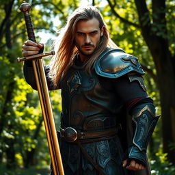 A strong and stoic man wielding a sword, standing confidently in a dramatic pose