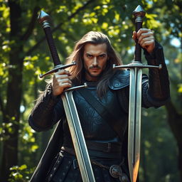 A strong and stoic man wielding a sword, standing confidently in a dramatic pose