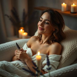 a woman gracefully indulging in self-care, surrounded by a serene and peaceful environment, the ambiance is intimate and calming