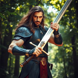 A strong and stoic man wielding a sword, standing confidently in a dramatic pose