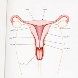 a detailed anatomical illustration of the female reproductive system, showcasing the uterus, ovaries, fallopian tubes, cervix, and vagina with clear labels