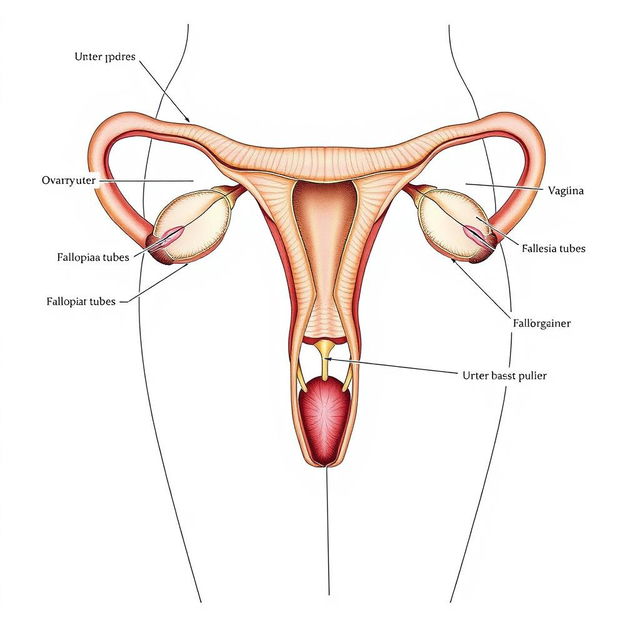 a detailed anatomical illustration of the female reproductive system, showcasing the uterus, ovaries, fallopian tubes, cervix, and vagina with clear labels