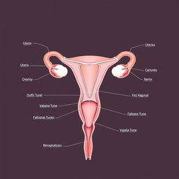 a detailed anatomical illustration of the female reproductive system, showcasing the uterus, ovaries, fallopian tubes, cervix, and vagina with clear labels