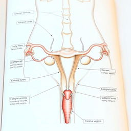 a detailed anatomical illustration of the female reproductive system, showcasing the uterus, ovaries, fallopian tubes, cervix, and vagina with clear labels