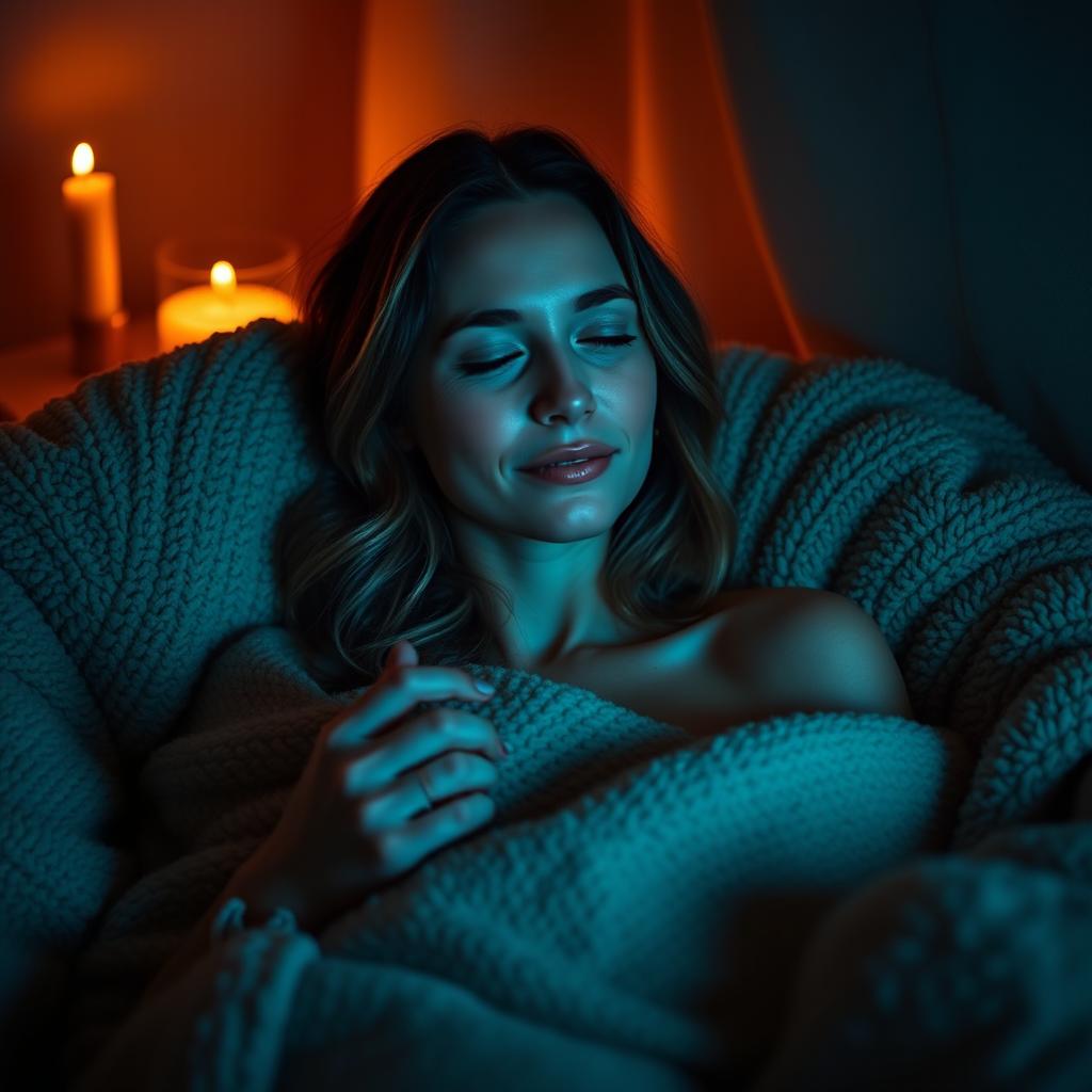 a woman enjoying a moment of self-reflection and relaxation, enveloped in a cozy, dimly lit room