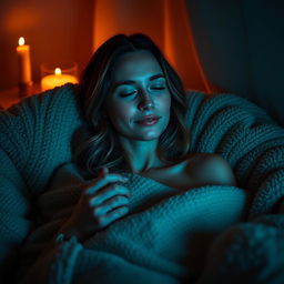 a woman enjoying a moment of self-reflection and relaxation, enveloped in a cozy, dimly lit room