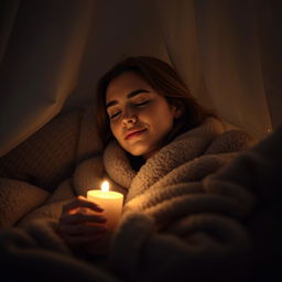 a woman enjoying a moment of self-reflection and relaxation, enveloped in a cozy, dimly lit room