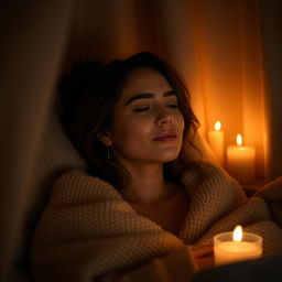 a woman enjoying a moment of self-reflection and relaxation, enveloped in a cozy, dimly lit room