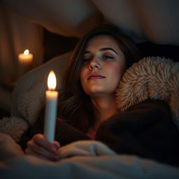 a woman enjoying a moment of self-reflection and relaxation, enveloped in a cozy, dimly lit room