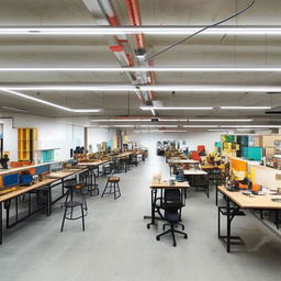 A bustling makerspace in a rectangular hall, filled with workstations, creativity enhancing tools, and comfortable seating zones designed for maximum productivity.