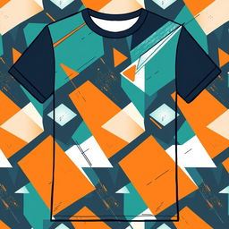 A trendy and stylish T-shirt design featuring a modern geometric pattern, combining vibrant colors like teal, orange, and white